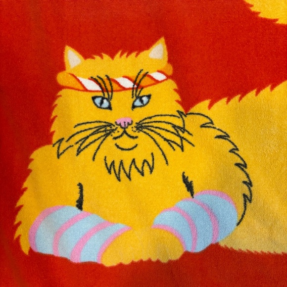 Vintage June Sobel Beach Towel Cat Exercise 57”x32” Red 80s Yoga - Picture 8 of 13